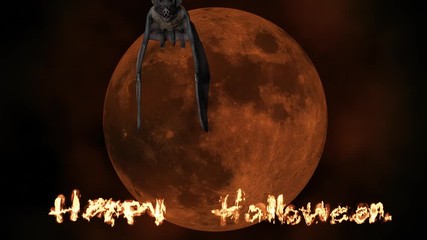 A flock of vampire bats flies against a blood red moon. Halloween concept.