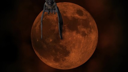 A flock of vampire bats flies against a blood red moon. Halloween concept.