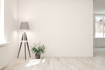 Empty room in white color. Scandinavian interior design. 3D illustration