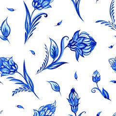 Fototapeta na wymiar Seamless pattern of fabulous flowers in oriental or in the Dutch style on a white background. Background for porcelain painting, print for fabric and other designs.