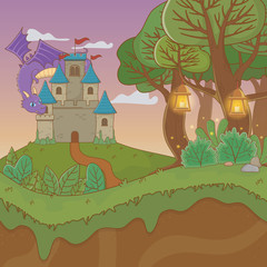 fairytale landscape scene with castle and dragon