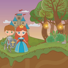 Obraz na płótnie Canvas fairytale landscape scene with castle and lovers couple