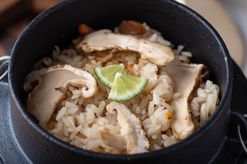 traditional jaopanese autumn food, rice with matsutake mushroom