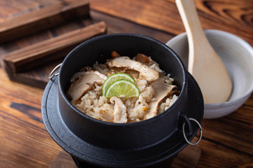 traditional jaopanese autumn food, rice with matsutake mushroom