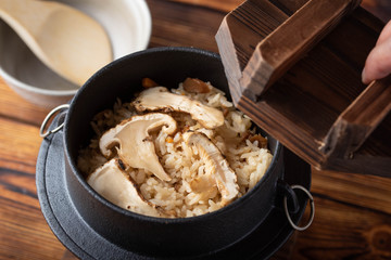 traditional jaopanese autumn food, rice with matsutake mushroom