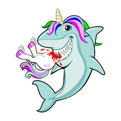 Funny shark unicorn cartoon eating a unicorn. isolated from the background