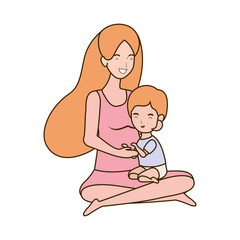 cute pregnancy mother seated with little boy characters