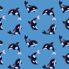 Seamless pattern of killer whales. Background with cartoon orcas