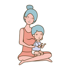 cute pregnancy mother seated with little boy characters