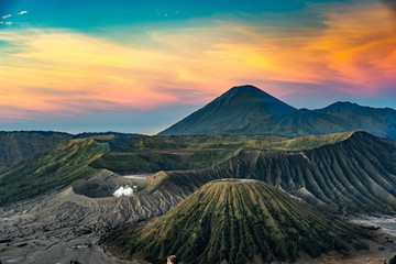 The bromo volcano on java in indonesia during the sunrise.