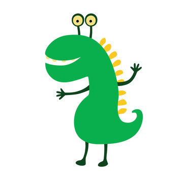 Funny smiling dinosaur. Vector illustration. Cute cartoon character.