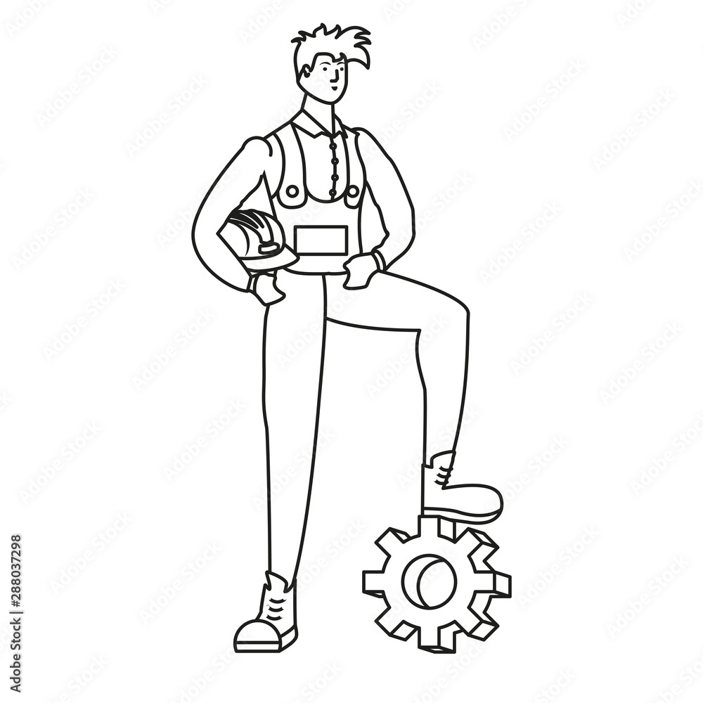 Poster builder constructor worker with gear character