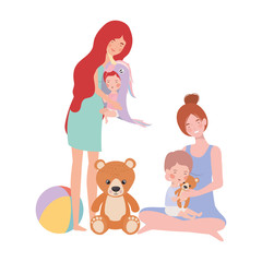cute pregnancy mothers with little babies characters