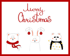 Fototapeta na wymiar Cartoon animals: rabit with Christmas toys; bear in a scarf; panda in a garland. Art can be used for holiday invitation, Happy new year postcards.