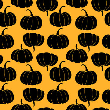 Seamless pattern with black silhouette of pumpkins on orange background. Art can be used for halloween.