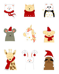 Cartoon animals: mouse, panda and puppy in Santa's hat; rabbit with Christmas toys; bear and giraffe in scarf; cat in sweater; unicorn and panda in garland. 