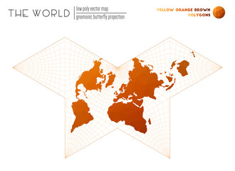 Polygonal world map. Gnomonic butterfly projection of the world. Yellow, orange, and brown colored polygons. Beautiful vector illustration.
