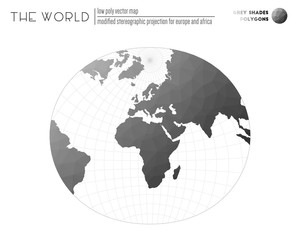 Low poly design of the world. Modified stereographic projection for Europe and Africa of the world. Grey Shades colored polygons. Contemporary vector illustration.