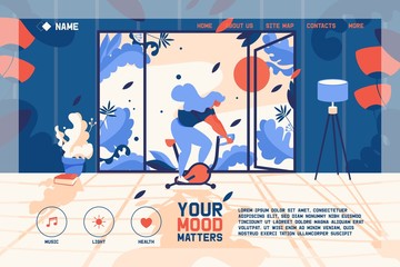 Landing page concept with young girl in front of window riding exercise bicycle. Flat character training and leaves and greenery in the room and outside