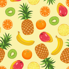 Tropical fruits seamless pattern. Pineapple, orange, mango, kiwi and banana on a white background. Vector food illustration in cartoon simple flat style.