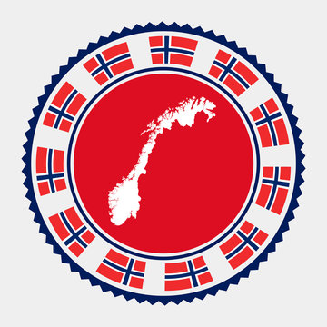 Norway flat stamp. Round logo with map and flag of Norway. Vector illustration.