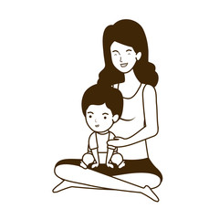 cute pregnancy mother seated with little boy characters