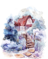 Fantasy rural house and bridgein in the forest.Hand drawn watercolor illustration