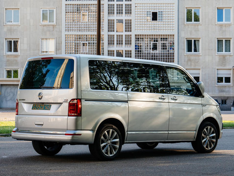 STRASBOURG, FRANCE - MAY 9, 2017: Side view of luxury Multivan TDI Caravelle business on French street