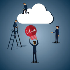 Cartoon thinking process,Business team helping and holding the light bulb idea to keep in cloud - vector
