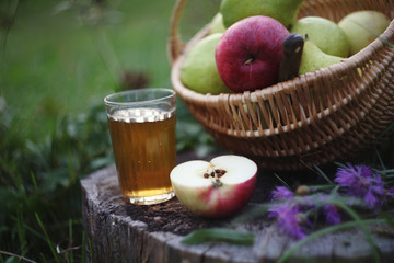 apple juice and wicker basket full of apples amd pears over summer nature background