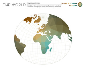 World map with vibrant triangles. Modified stereographic projection for Europe and Africa of the world. Brown Blue Green colored polygons. Trending vector illustration.