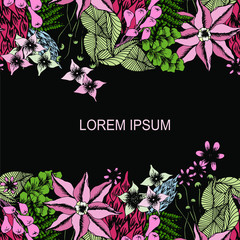 Floral endless background Lorem Ipsum colorful stock vector illustration pink, blue, green on black art design element for web, for print, for fabric print