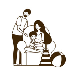 parents couple with little baby in the sofa characters