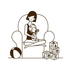 cute pregnancy mother with little girl seated in sofa