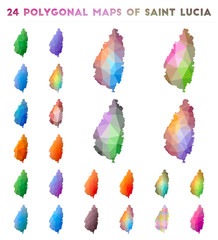 Set of vector polygonal maps of Saint Lucia. Bright gradient map of island in low poly style. Multicolored Saint Lucia map in geometric style for your infographics.