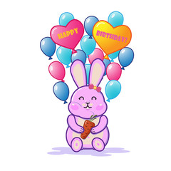 Obraz na płótnie Canvas Vector cartoon illustration of a pink rabbit with balloons and a carrot. Happy Birthday greeting illustration with pink rabbit.