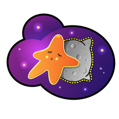 Little cute star is sleeping on the moon-shaped pillow in the space. Vector cartoon illustration of a sleeping star.