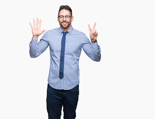 Naklejka premium Young business man wearing glasses over isolated background showing and pointing up with fingers number seven while smiling confident and happy.