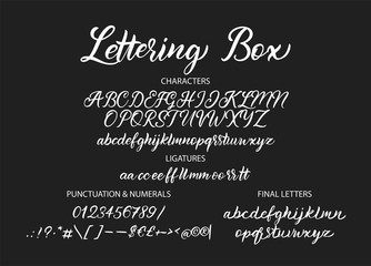 Cute hand drawn vector alphabet ABC font with letters, numbers, symbols. For calligraphy, lettering, hand made quotes.