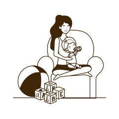 cute pregnancy mother with little girl seated in sofa