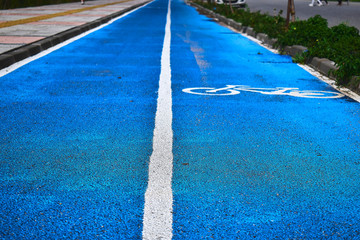 Blue bike path with bike sign