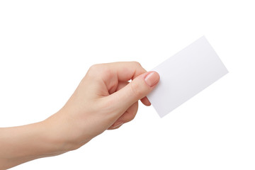 Fototapeta premium Female hand holding blank paper business card isolated on white