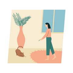Woman with her cat. Woman dressed in trendy clothes spending time with a pet - playing with a laser tag. Flat vector illustration.