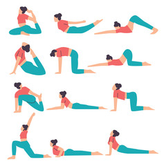Young woman sitting in yoga posture and meditating. Girl doing aerobics exercise and meditation at home. Set of yoga poses. Flat vector illustration