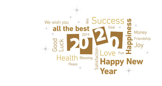Happy New Year 2020 negative space cloud text gold white silver vector
