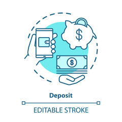 Deposit concept icon. Savings & investments. Casino deposit bonus idea thin line illustration. Digital wallet payment. Cash back and piggy bank. Vector isolated outline drawing. Editable stroke