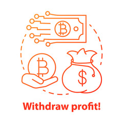 Withdraw profit red concept icon. Money transfer idea thin line illustration. Online banking. Cryptocurrency withdrawal. Digital payment. Blockchain technology. Vector isolated outline drawing