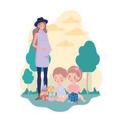 cute pregnancy mother with little kids in the camp