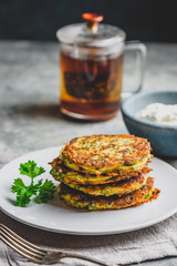 Zucchini parmesan pancakes with dip