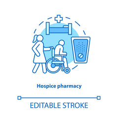 Pharmacy concept icon. Hospice patient medication treatment idea thin line illustration. Senior, disabled people healthcare and pain relief. Vector isolated outline drawing. Editable stroke